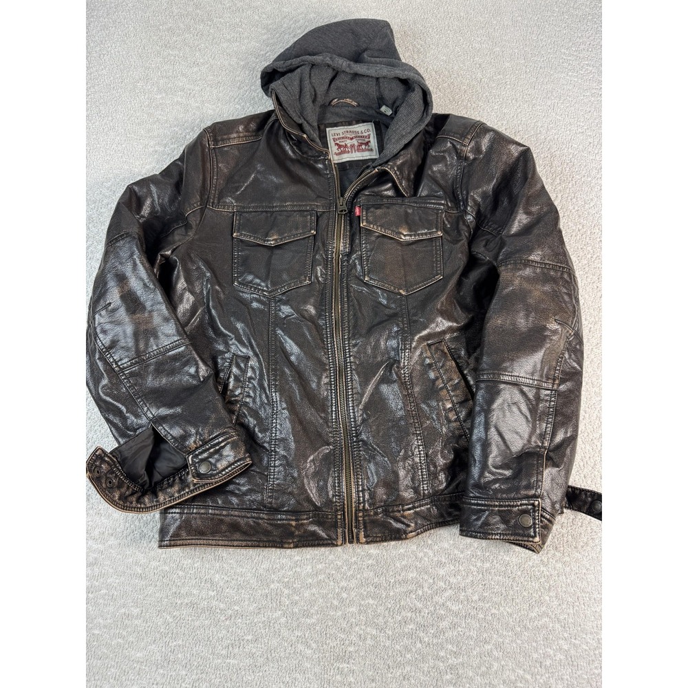 Levi's Jacket Mens Medium Brown Hooded Faux Leather Trucker Zip Front Pockets